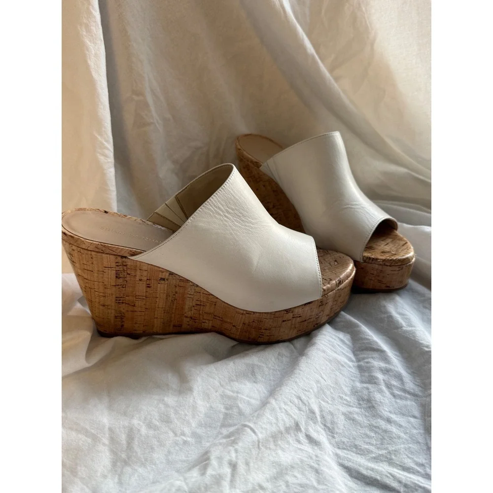 Stuart Weitzman Cream Leather Cork Platform Wedge Mules SH378 Size 9B - Picture 7 of 9
